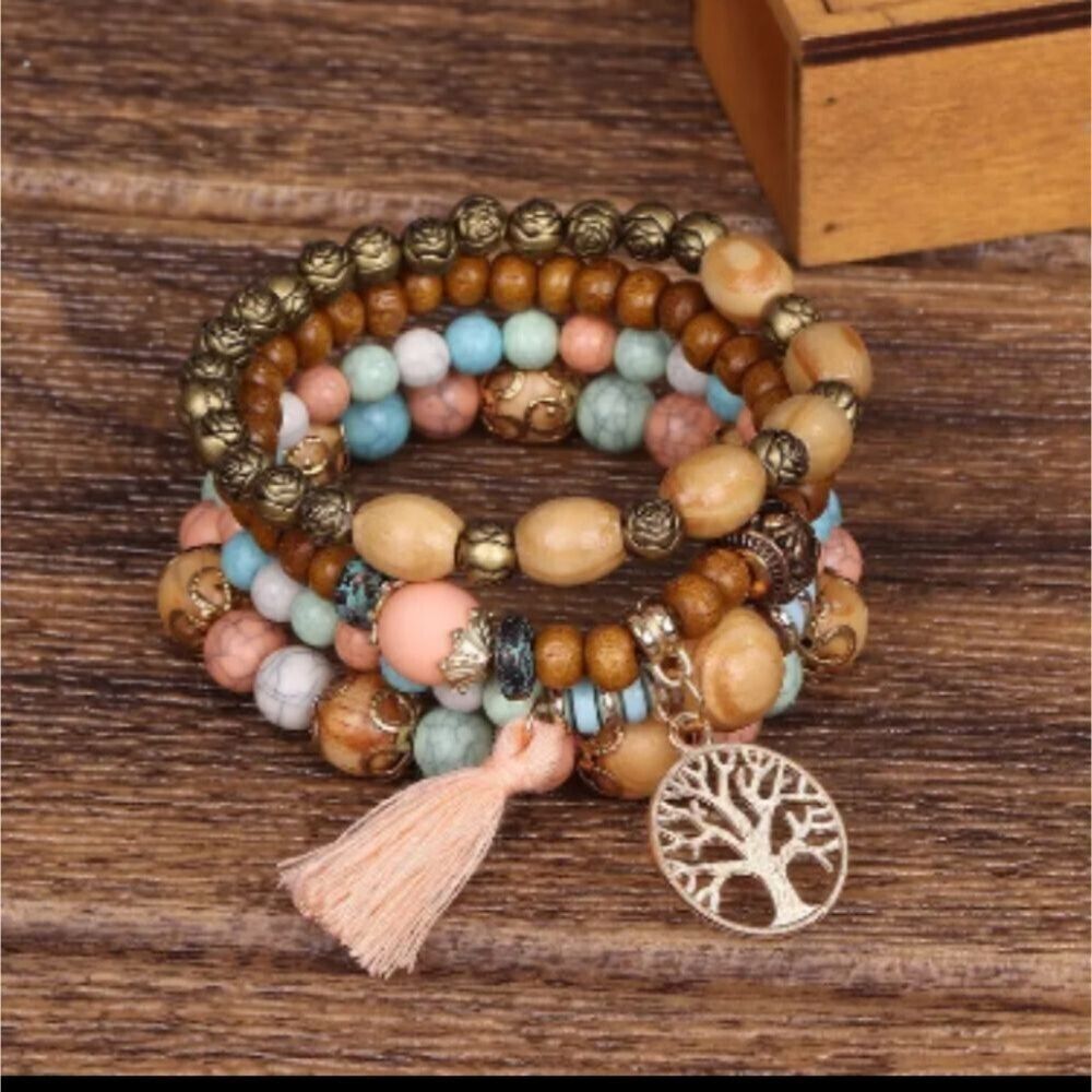 Pastel Tassel Charm Beaded layered bracelets Tree of life